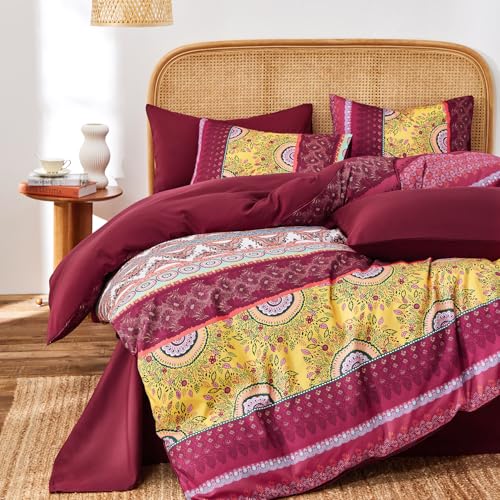 Image of Wake In Cloud - Boho Comforter Set, Bohemian Chic Colorful Medallion with Geometric Botanical Flowers and Horizontal Stripes, Soft Lightweight Bedding, 3 Pieces, Burgundy, King Size