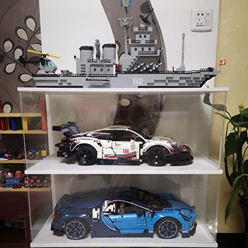 Image of Choowin 2 Layer Acrylic Display Case for Lego Cars (McLaren P1, Ferrari SP3, Bugatti Chiron, Porsche 911, Lamborghini) & 1 /8 Diecast Cars - Dustproof Assemble Display Case with Door (White)