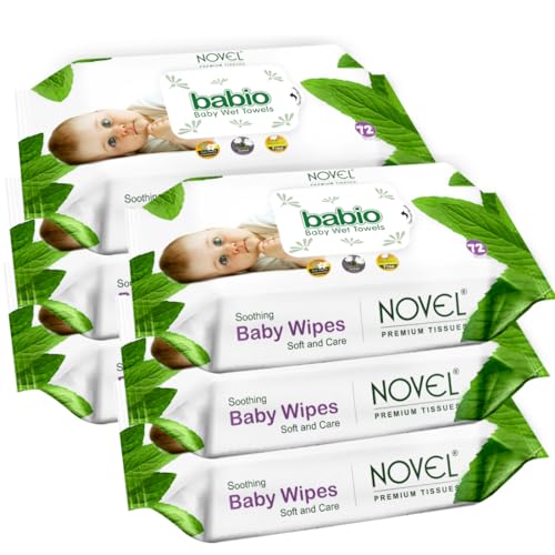 Image of Novel Babio Baby Wet Wipes 72 Wipes x Pack of 36 (432 Wipes) | Aloe Vera, Chamomile, Jojaba Oil, Vitamin E Enriched | pH Balanced, Alcohol, Hypoallergenic & Paraben-Free | Extra Thick & Moist wet | Anti Rash Soft Gentle Baby Wipes without Lid