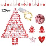 ✬【120 piezas Adornos Arbol Navidad】: Nuestros adornos de madera incluyen 6 formas diferentes y 2 colores diferentes (blanco y rojo). El decorar árbol de navidad está equipado con una cuerda de luz LED de 5 metros de largo (sin baterías) y una cuerda larga. Adecuado para decoraciones de árboles de Navidad de cualquier tamaño.