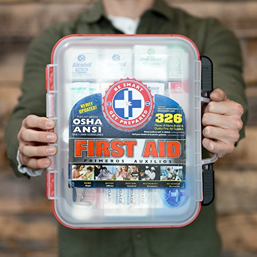 First Aid Kit Hard Red Case 326 Pieces Exceeds OSHA and ANSI Guidelines 100 People - Office, Home, Car, School, Emergency, Survival, Camping, Hunting and Sports