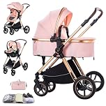 Shineey Stroller 3 in 1 Travel System Aluminium Frame High Landscape Combined Strollers Lightweight Folding Pram for Newborns Toddlers 0-36 Months from Birth Aluminium Pushchair (D2/Pink, H2-D)