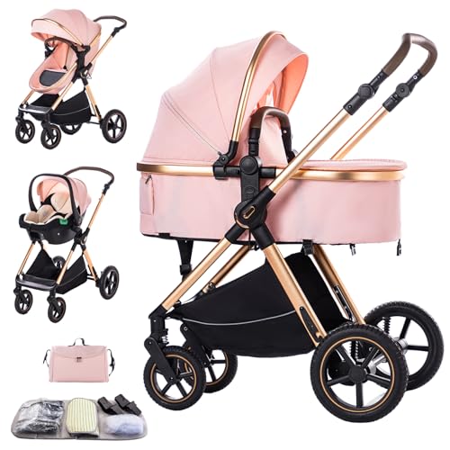 Image of Shineey Stroller 3 in 1 Travel System Aluminium Frame High Landscape Combined Strollers Lightweight Folding Pram for Newborns Toddlers 0-36 Months from Birth Aluminium Pushchair (D2/Pink, H2-D)