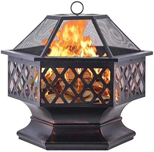 Hoguera hexagonal para exteriores, 22 pulgadas, color negro, mesa cuadrada de acero, calentador de jardín, barbacoa al aire libre, camping