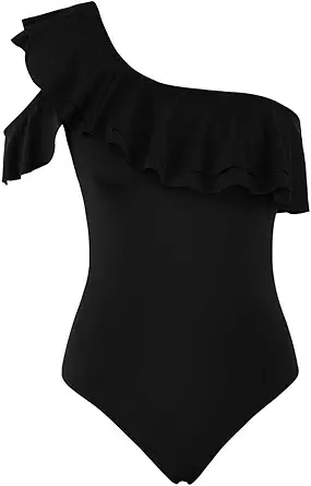 Hilor Women's One Piece Swimsuits One Shoulder Swimwear Asymmetric Ruffle Monokinis Bathing Suits