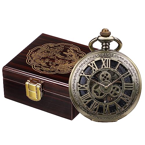 Image of SIBOSUN Pocket Watch Skeleton Mechanical Double Case Hand-Wind Bronze Roman Numerals Antique Chain Mens