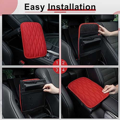 Image of Amiss Auto Center Console Pad, Universal Waterproof Car Armrest Seat Box Cover, Car Interior Accessories, Leather Auto Armrest Cover Protector for Most Vehicle, SUV, Truck, Car (Red)