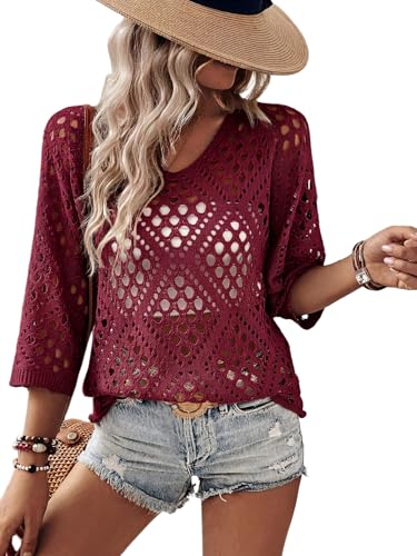 Image of Verdusa Women's Crochet Beach Summer Sweater 3 /4 Length Sleeve Boho Off The Shoulder Tops