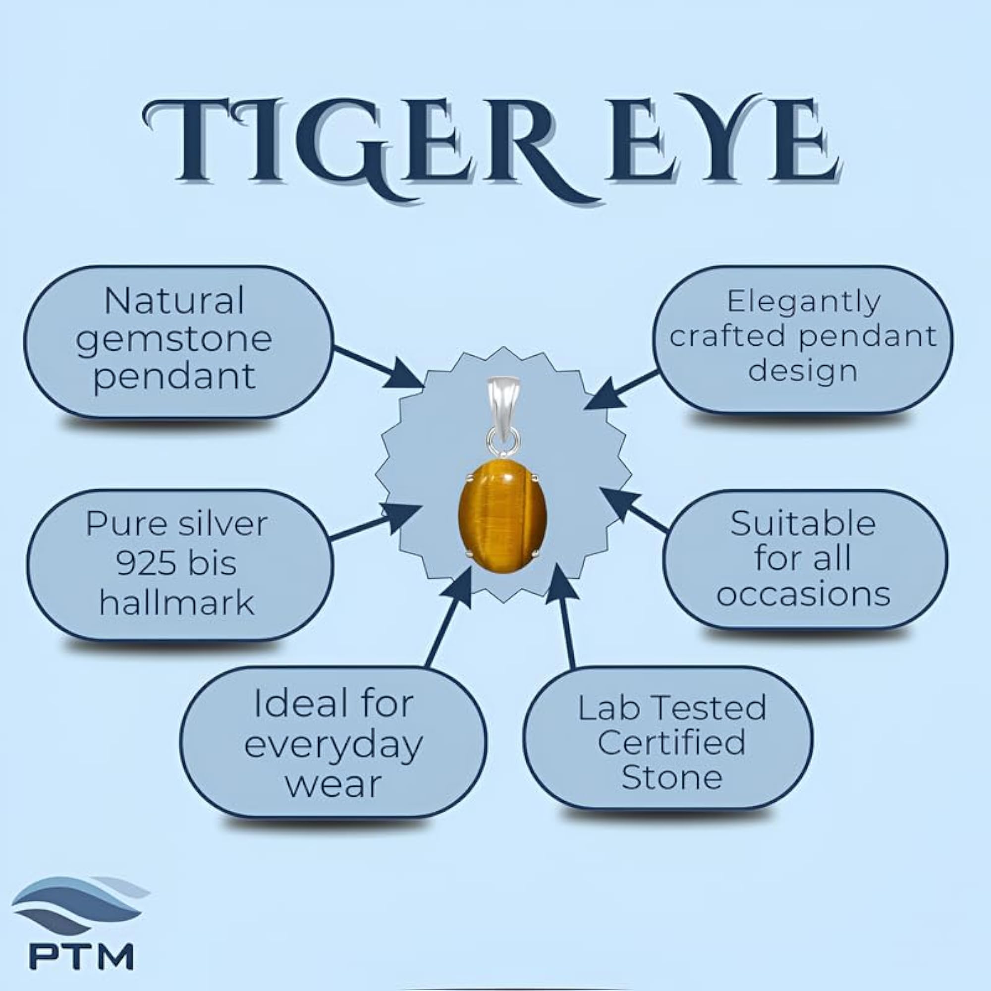 Natural Tiger Eye Gemstone Pendant for Men & Women, 925 Silver