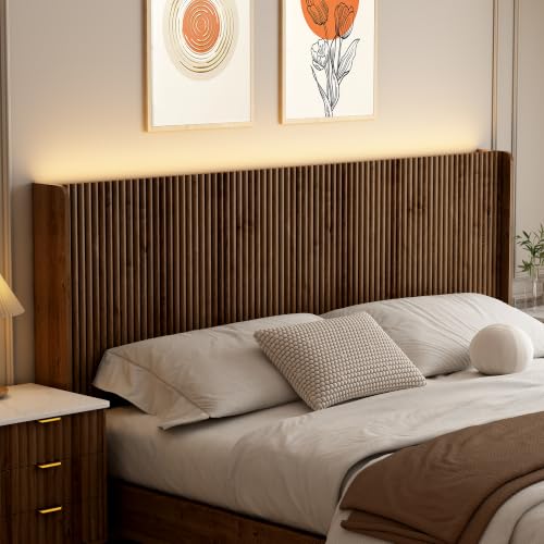 Walnut fluted wall-mounted headboard with integrated charging station and LED lighting — the 80.3 in span covers queen and king frames