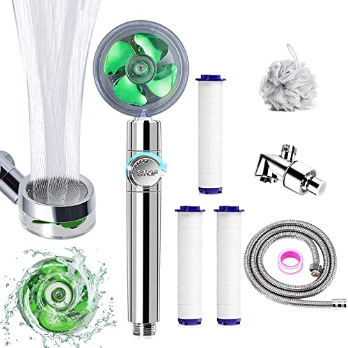 Hydro Jet Shower Head High Pressure Handheld Turbo Fan Shower Kit with Replacement Hose/Bracket/Cotton Filters and Bath Loofah, One Key Pause Switch 360 Degrees Rotating Green