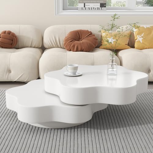 BTM Table Basse Forme Fleur 74.8x67.5x31 cm Plateau Tournant 360°, 2 Étagères Double Couche MDF, Crème