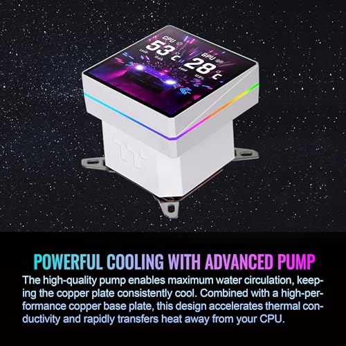 Image of Thermaltake TH360 V3 Ultra ARGB CPU Liquid Cooler; Intel /AMD; 1x360mm 500~2500rpm Single Frame ARGB Fan; 3.95 inch TFT 720x720p LCD; Rotatable Pump Head; TT LCD Screen Control; Snow; CL-W476-PL12SW-A