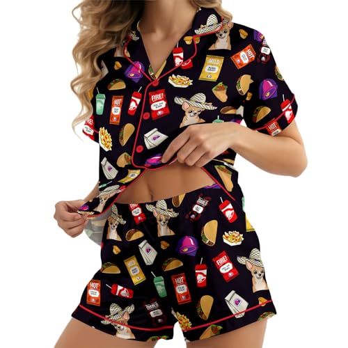 Image of HUNTFAMI Womens Soft Silky Satin Pajamas Set, 2 Pcs Sleep Short Pajamas for Mom and Grandma Button Down Summer Loungewear