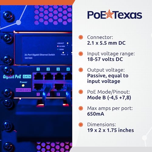 Image of PoE Texas 24 Port PoE Injector - Multi-Port PoE Gigabit Rack Mount Midspan for IP Cameras, Phones, WiFi AP, Add Power Over Ethernet to Non-PoE Switch or Network Router, Includes 56v 240w Power Supply