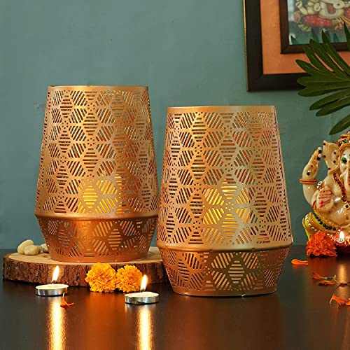 Image of TIED RIBBONS Set of 2 Antique Gold Metal Tealight Candle Holder Stand - Christmas Decorations Items for Home Decor Table Xmas Gift Items (Gold, 20.2 cm X 11.4 cm)