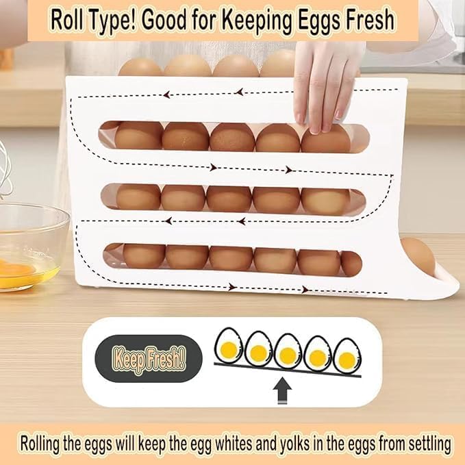Image of 30 -Egg Holder Organiser With Automatic Rolling Dispenser For Refrigerator| Kitchen| Hotel, With Multi-layer Storage Rack. (White)