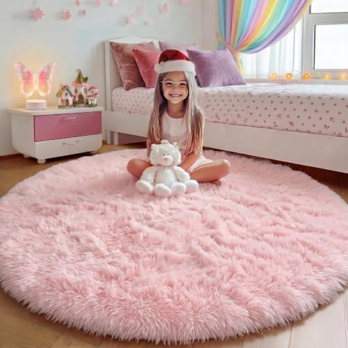 ONASAR Light Pink Fluffy Round Rugs 4ft for Girls Bedroom,...