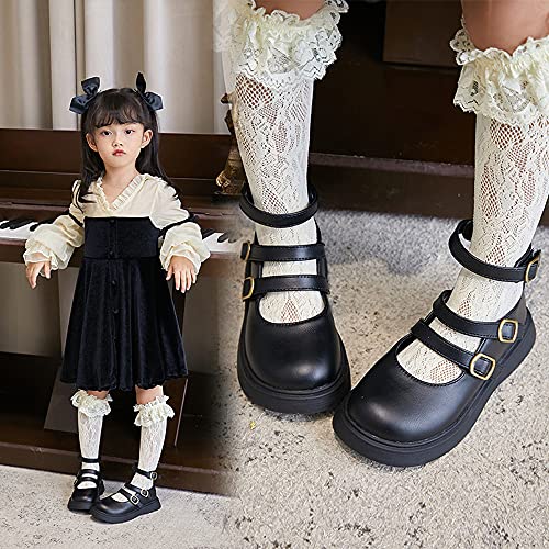 Girls Mary Jane Leather Princess Dress Shoes Ballet Flats for School Wedding Party with Hook and Loop White and Black Gladiator Schools Shoes2