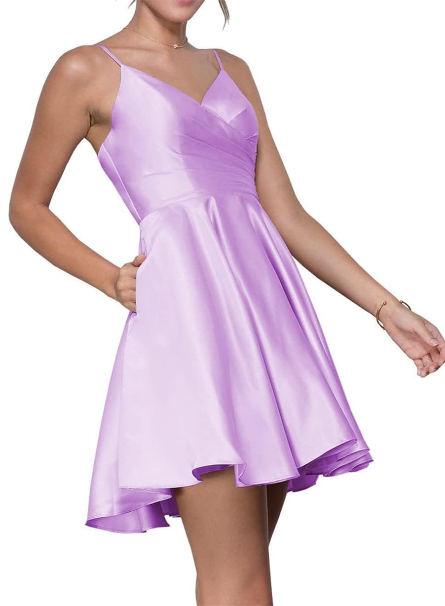 Wseyu Women's Lilac Spaghetti Strap Homecoming Dresses For Teens Short Satin Bridesmaid Graduation Cocktail Party Gown With Pockets Zm257 Uk10