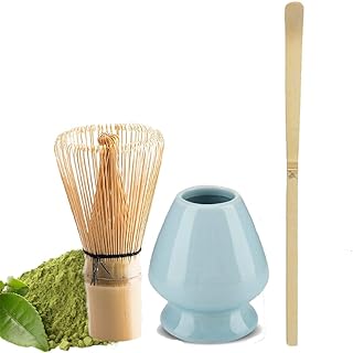 Kamenda Bols à Matcha Ensemble Thé Matcha, Thé Vert Matcha Biologique Fouet, Thé Cérémonie, Bambou, Outil de Ponçage (Bleu)