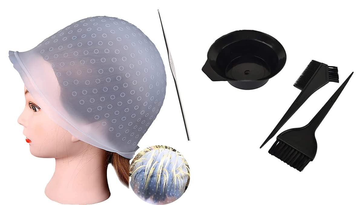 NYAMAH SALES Silicone Highlight Hair Cap with Needle Professional Reusable Highlighting Poked Hole Cap with 2 in 1 Brush, Hair Colour brush and Hair Dye Curved Dish   - Multi Color. - Image 2 thumbnail