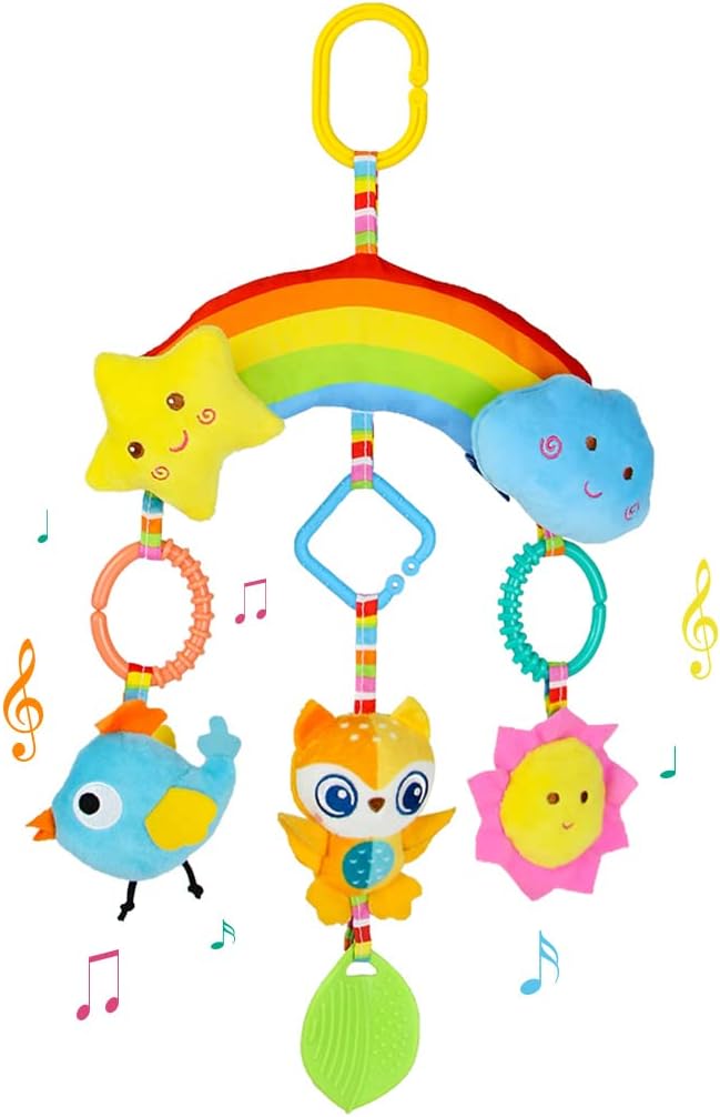 AIPINQI Baby Car Seat Stroller Toys, Hanging Plush Crib Toys Colorful Bell Soft Baby Sensory Rattles with Teether for Babies Boys and Girls 3 6 9 to 12 Months (Rainbow)