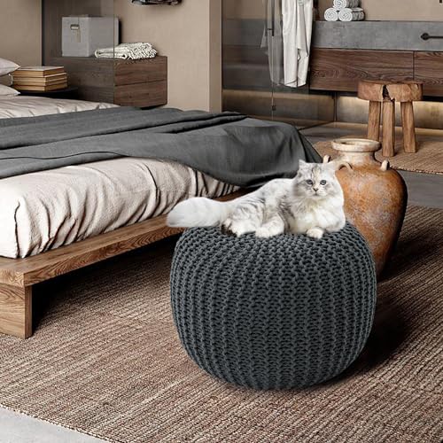 HOMBYS Unstuffed Ottoman Pouf Cover, 100% Cotton Handmade Knitted Ottoman Pouf Cover Round Foot Stool, Floor Bean Bag Chair, Foot Rest with Storage for Living Room Bedroom, Grey(Cover ONLY NO Filler)