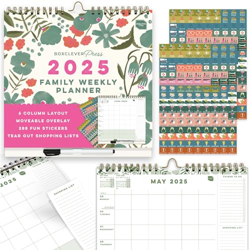 Boxclever Press Family Weekly Planner 2025. 2025 Calendar UK with 6 Columns. Family Calendar 2025 runs Jan – Dec’25. Wall calendar 2025 with Lists, Pocket & Stickers (12 Month)