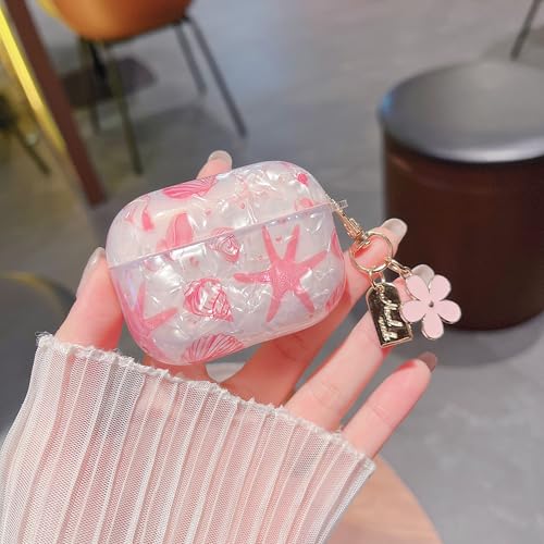 Image of MINSCOSE for AirPods Pro 2nd /1st Generation Case,Cute Glitter Seashell and Starfish Pattern Design with Folral Keychain,Soft TPU Protective Cover for Girls Women for AirPods Pro /Pro 2-Pink