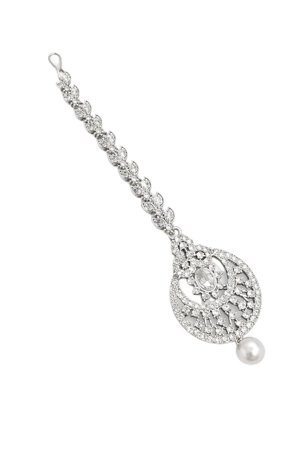 Silver Crystal Rhinestone Maang Tikka with Pearl Drop, Traditional Indian Bridal Forehead Jewelry, Teardrop Design-image-38
