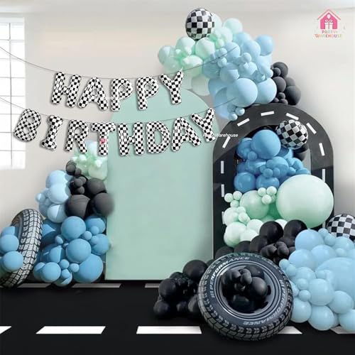 Image of Party Warehouse Happy Birthday Foil Balloon Banner-Black & White Checkered Racing Theme Letter Balloons|Car & Speed Inspired Birthday Decoration for Kids,Teens & Adults|Air Fill Hanging Decor-16 inch