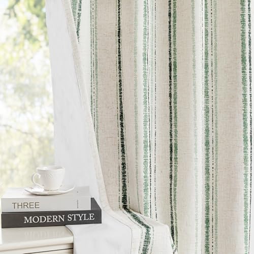 Image of MYSKY HOME Green Striped Curtains 96 Inches Long for Living Room 100% Blackout Linen Farmhouse Green Ticking Stripe Pinstripe Patterned Double Layer Drapes, Grommet, 2 Panels, 52 inch Wide