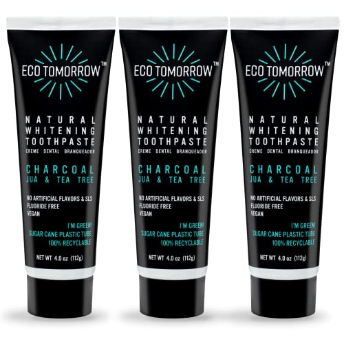 Ecotomorrow Charcoal Whitening Toothpaste - Natural Juá & Tea Tree, Fluoride Free, Plant Based With Peppermint Essential Oil - 4.0Oz (Pack Of 3) #TOP30