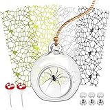 Hanging Glass Ball for Jumping Spider Hide, 4 Pieces Webbed Moss Ribbon with Magnets, 2 Red Mushroom Decorations & 40cm Hanging Rope, Spider Enclosure Decor & Natural Habitat Accessories (Large)