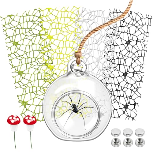 Hanging Glass Ball for Jumping Spider Hide, 4 Pieces Webbed Moss Ribbon with Magnets, 2 Red Mushroom Decorations & 40cm Hanging Rope, Spider Enclosure Decor & Natural Habitat Accessories (Large)