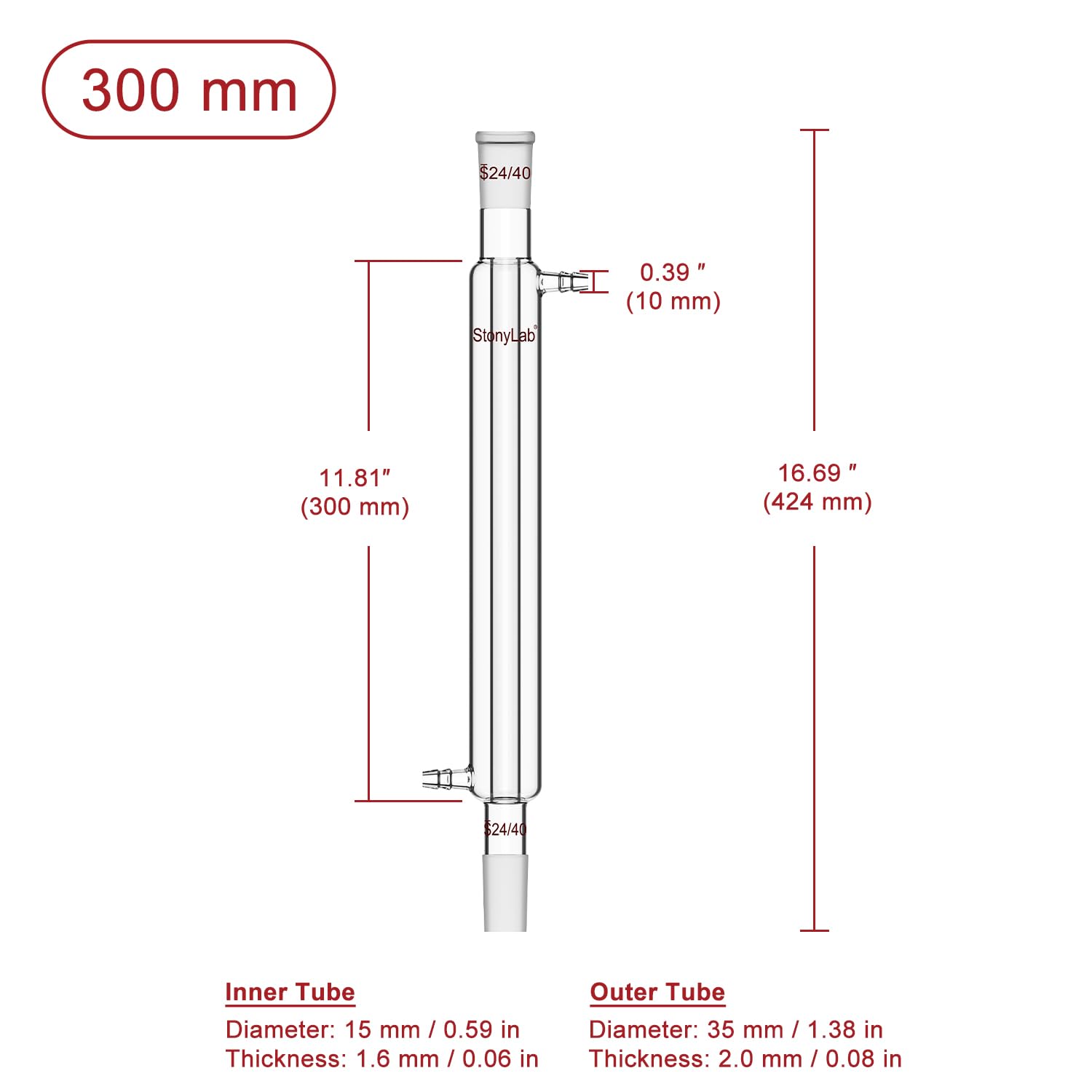 stonylab Liebig Condensatore, Vetro Borosilicato Liebig Condensatore con Giunto 24/40, Lunghezza Giacca 300 mm, Laboratorio Condensazione Distillazione Vetreria