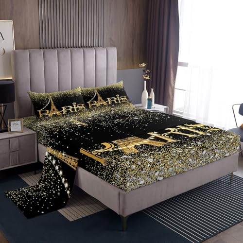 Black Golden Paris Bed Sheets Queen for Women,Girly Glitter Eiffel Tower Sheet Set for Valentine Day Gift,Gradient Diamond Bedding Set,Sparkles Sequins Fitted Sheet + Top Sheet + 2 Pillow Shams