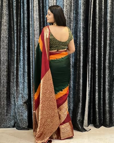 Image of Wedding Bandhani Art Silk Saree with Blouse Piece - Traditional Tie Dye 3D Concept Multicolor Festival Yellow Color Georgette Saree