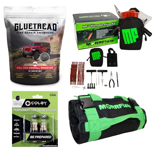 MORRFlate Xtreme 44 Tire Repair Kit Complete Off-Road Tire Repair Includes Tool Roll Bag Tire Plug Kit GlueTread Sidewall Tire Repair Kit and Two Colby Valve Permanent Valve Stem Replacements