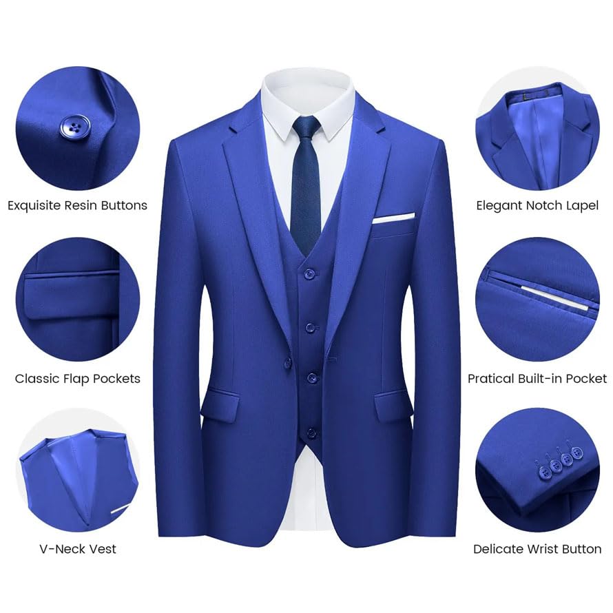 Pohullan Men Wedding 3 Piece Suit Slim Solid Business Office Suits Large Sizeblazer+ Pants + Vest2