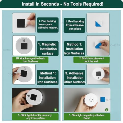 Image of ComSaf USB Rechargeable Motion Sensor LED Light for Home Indoor [Pack of 4] - Wireless Magnetic Stick On Night Light for Cabinet, Wardrobe, Closet, Kitchen, Bedroom, Stairs, Under Cabinet Lighting