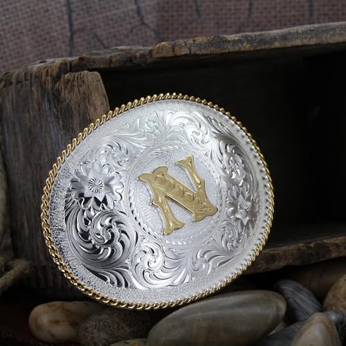 Image of Montana Silversmiths Initial Engraved Gold Trim Western Belt Buckle