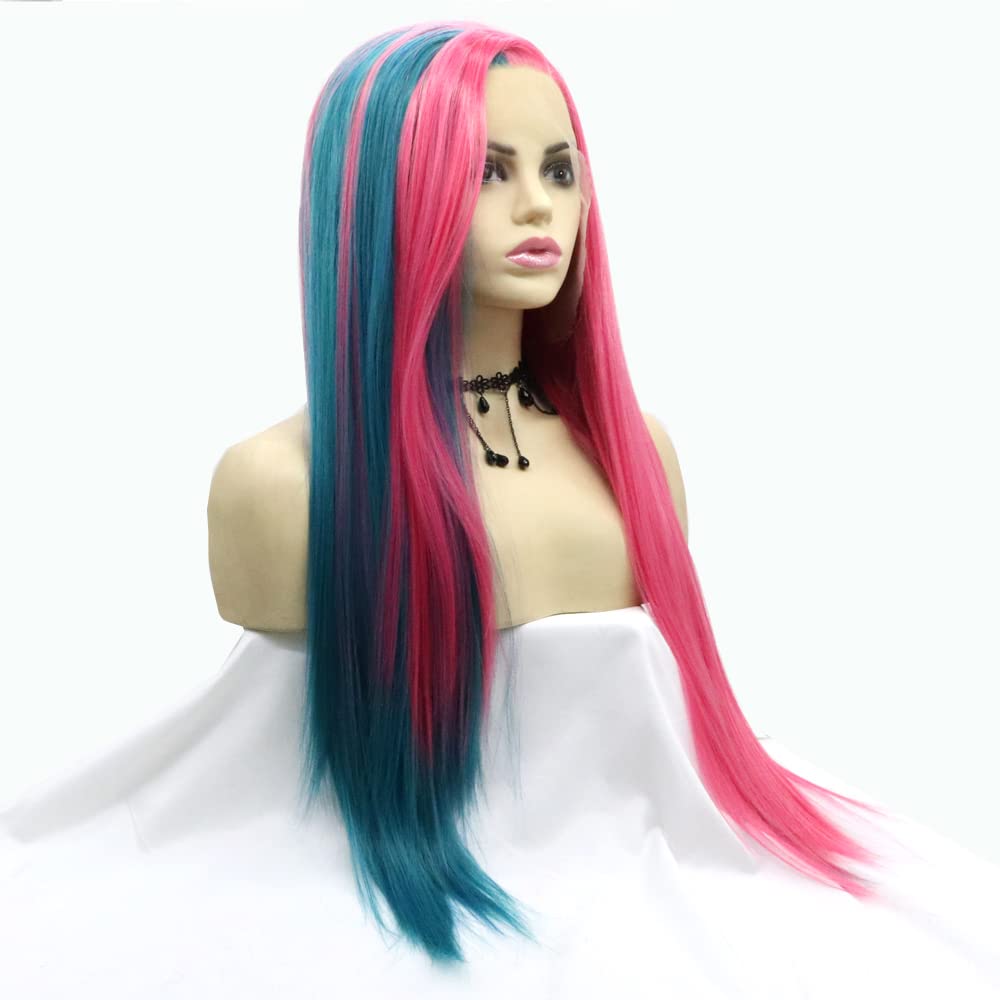 Xiweiya Rose Red Mix Green Wig Highlight Multi Color Synthetic Lace Front Wig Stright Light Lace Front Wig with Side Part Heat Resistant Fiber Hair for Women 24inch - Image 2