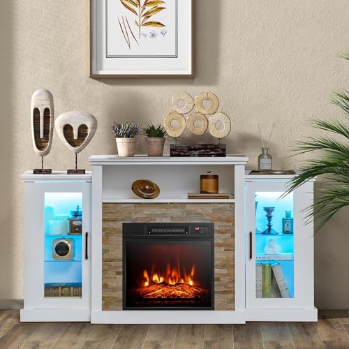RELAX4LIFE Electric Fireplace TV Stand - Entertainment Center w/18’’ Fireplace Heater, LED Lights, APP & Remote Control, TV Console Table for Living Room, Electric Fireplace with Mantel (White)