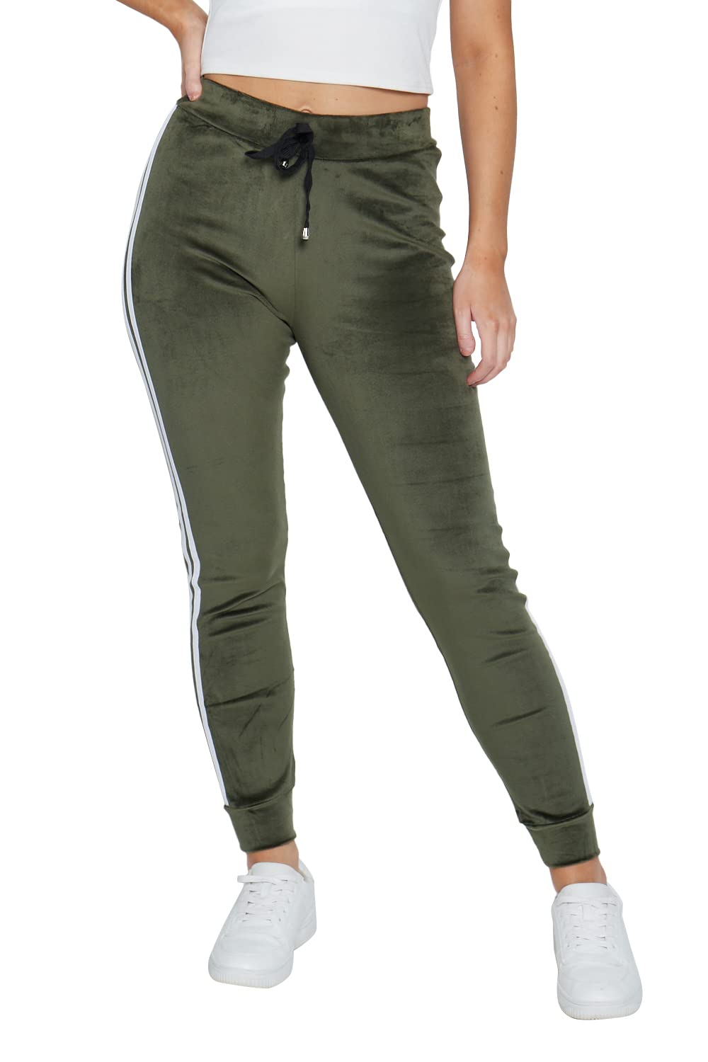 Women's Velour Jogger Sweatpants – Soft Velvet Tracksuit Bottoms with Side Stripes, High Rise, Elastic Waistband (8-14) Khaki