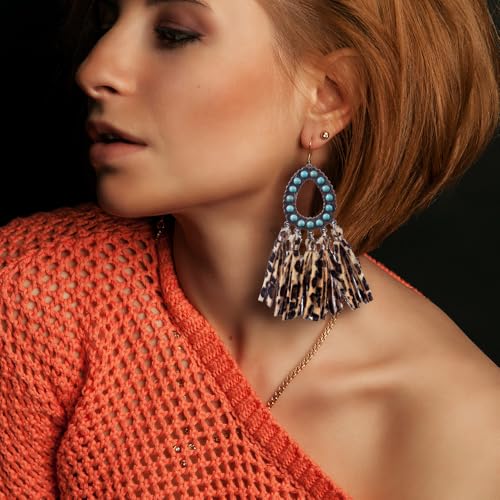 Long Bohemian Fringe Leather Earrrings Handmade Tassel Earrings with Turquoise Vintage Boho Long Dangle Earrings for Women rodeo jewelry2