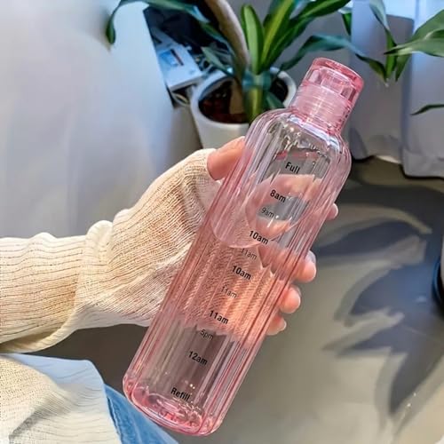 Image of Borosilicate Water Bottles, H2O Fridge Water Bottle with Cap, Leak proof & Airtight Lid, Water Bottle for Office, School, College - 500ml Bottles with Time Marker (Striped Pink)