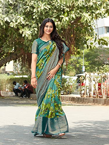 Image of AKHILAM Women's Sungudi Cotton Blend Paisley Printed Jacquard Work & Zari Border Saree With Unstitched Blouse Piece (MEERA17 SR Parent)
