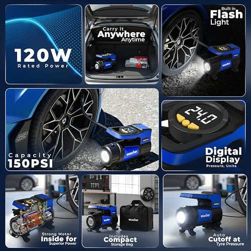 Image of Woscher BoltAir Digital Tyre Inflator for Car and Bike | 12V DC Fast Inflation 150 psi | Strong Metal Body with Emergency LED Light,Heavy Duty Zipper Bag